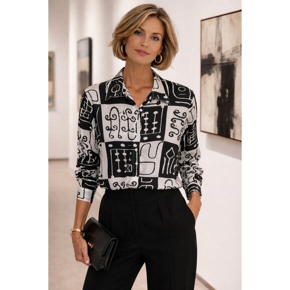 Sharagano Tops - Vintage Sharagano 100% Silk Abstract Art Blouse Black White 90s Avant Garde